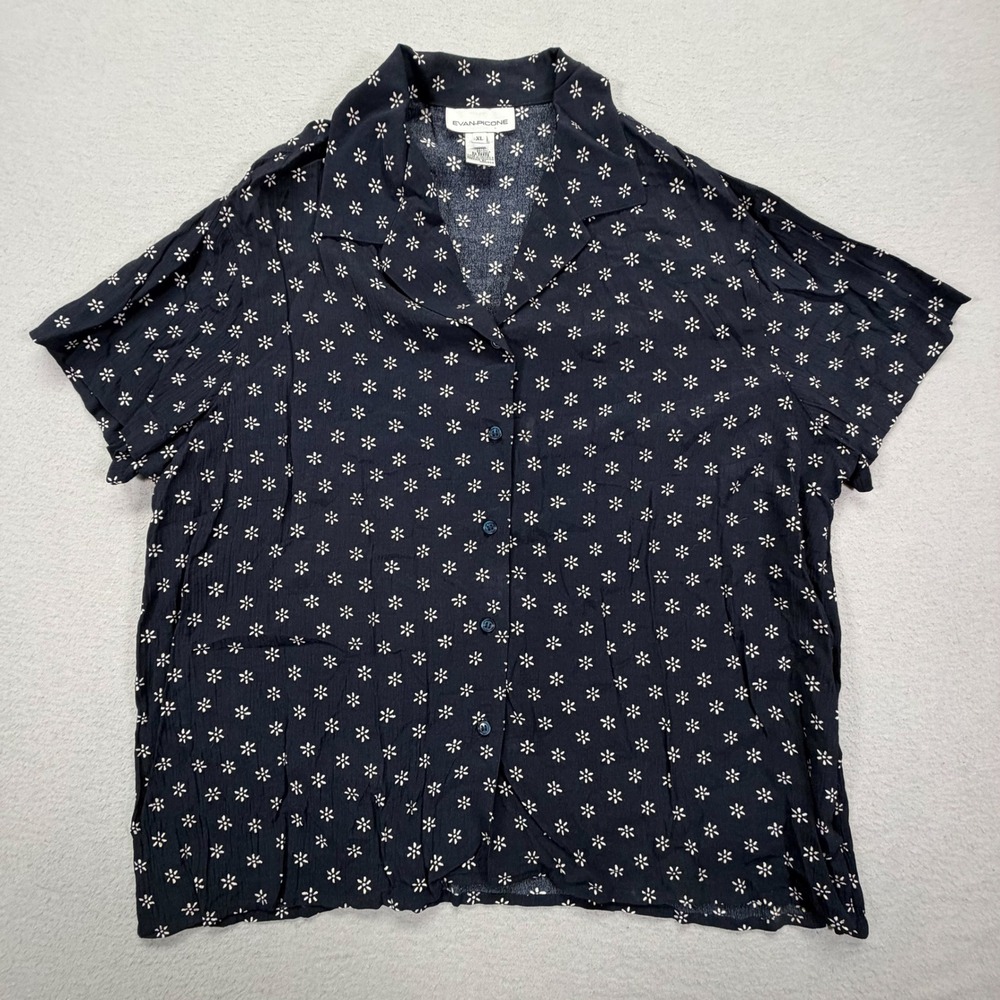 Evan-Picone Women Shirt Relaxed Navy Blue Floral‎ Daisy Print Rayon XL